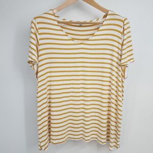 Green Envelope Soft Striped Popover Tee V-neck Short Sleeves Mustard 2X